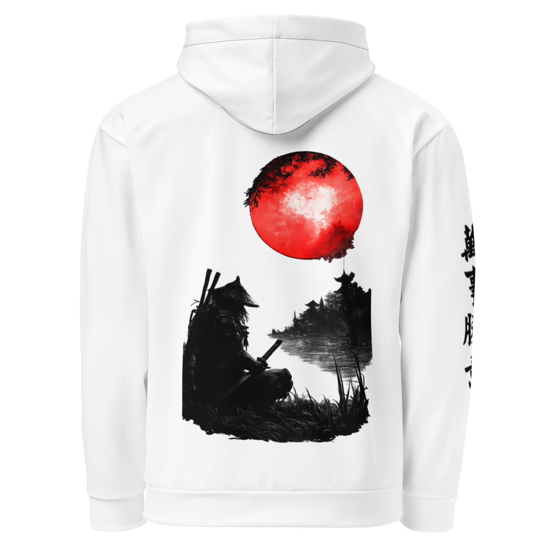 Samurai Red Sun Hoodie – Japanese Warrior Back Print, Chinese Calligraphy Sleeve, Unisex Streetwear