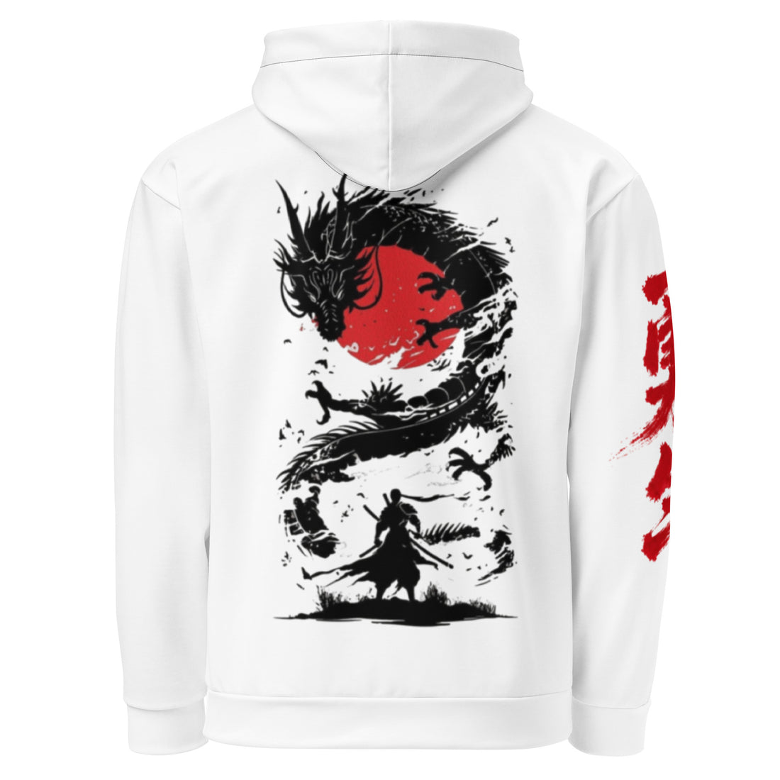 Dragon Red Sun Hoodie – Courage Calligraphy, Samurai Back Print, Unisex Streetwear