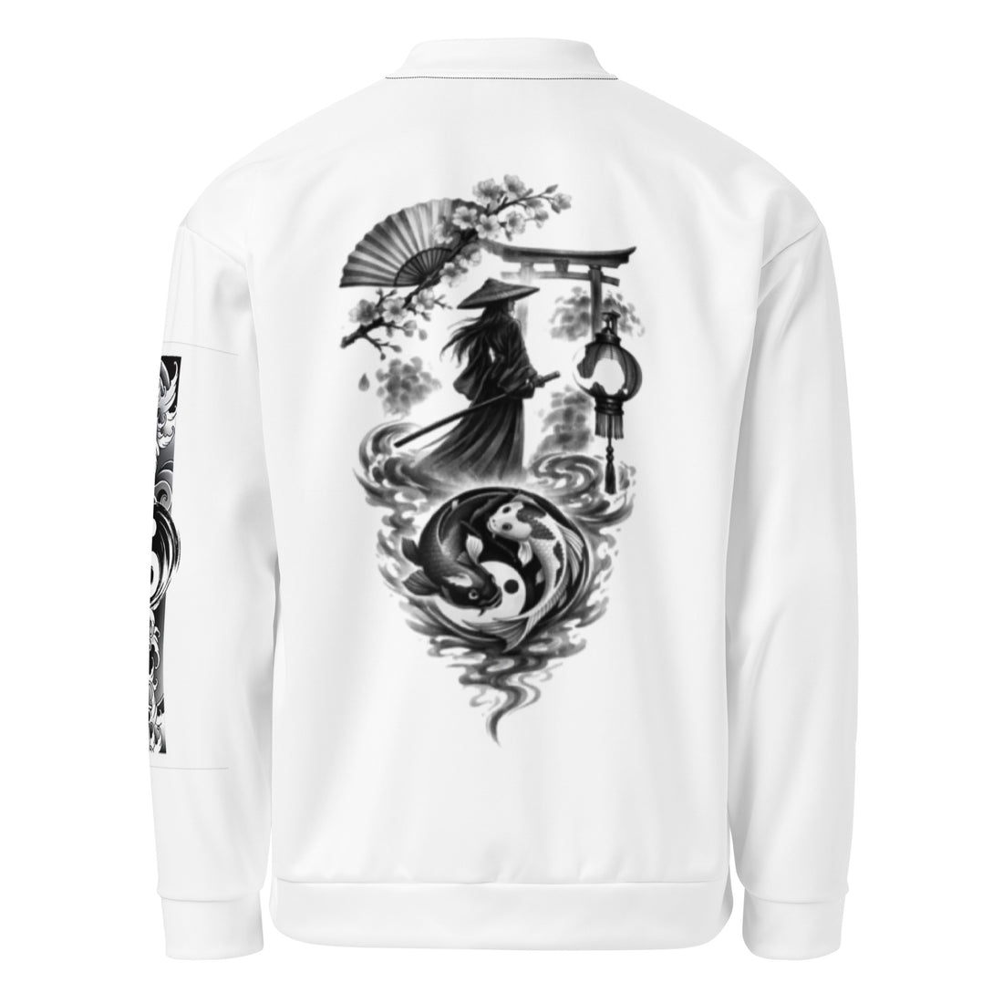 Samurai Yin Yang Bomber Jacket – Koi Fish, Torii Gate & Chinese Calligraphy, Unisex Streetwear
