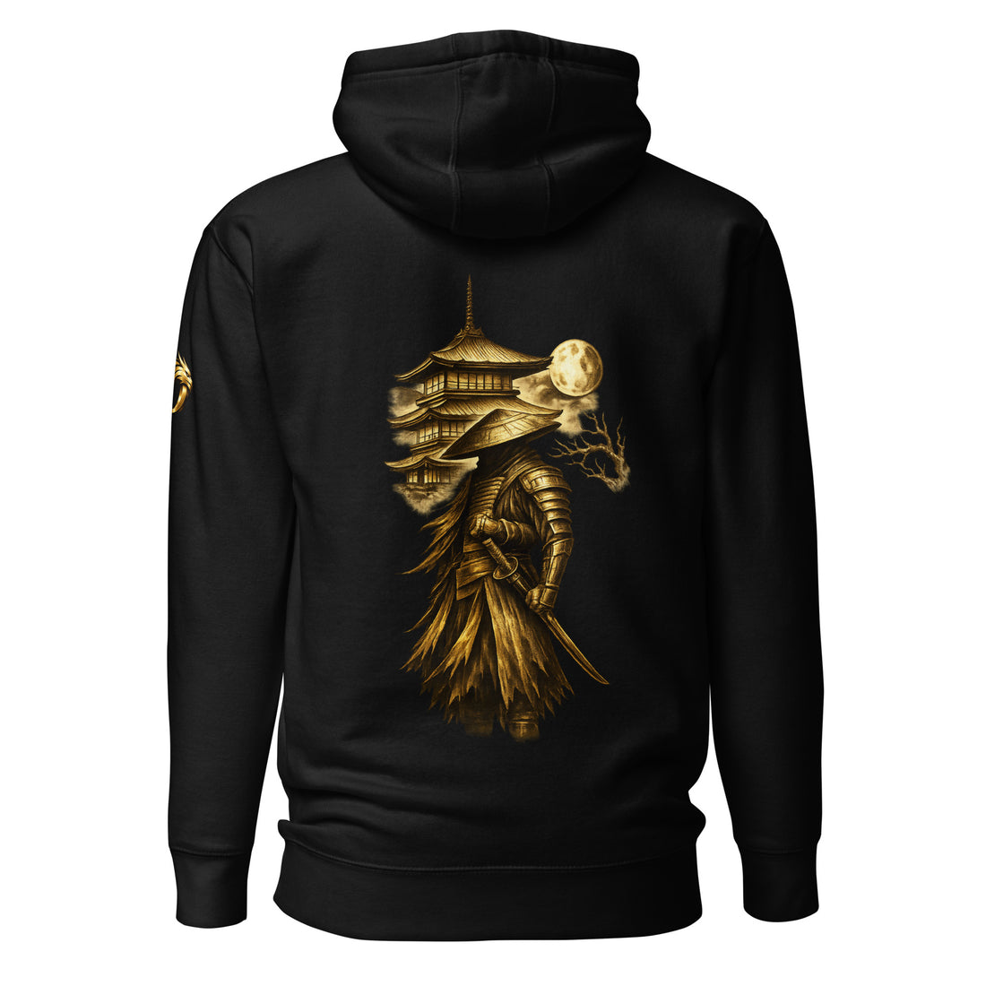 DRAGOX Golden Samurai Hoodie – Japanese Streetwear, Black Pullover, Warrior Art