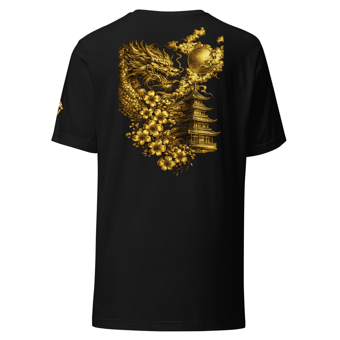 DRAGOX Men's Gold Dragon Pagoda Graphic Cotton T-Shirt, Asian Streetwear Tee
